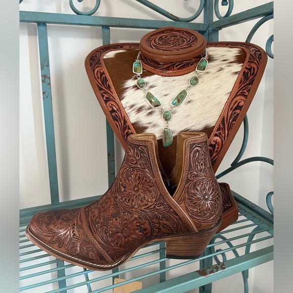 Dakota Charm Hand Tooled Genuine Leather Bootie Cowboy Boot Western Tan Brown - Picture 10 of 10